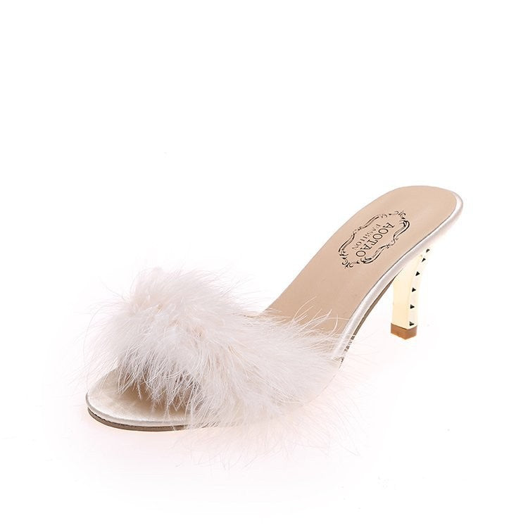 Feather Trim Open Toe Stiletto Slide Mules