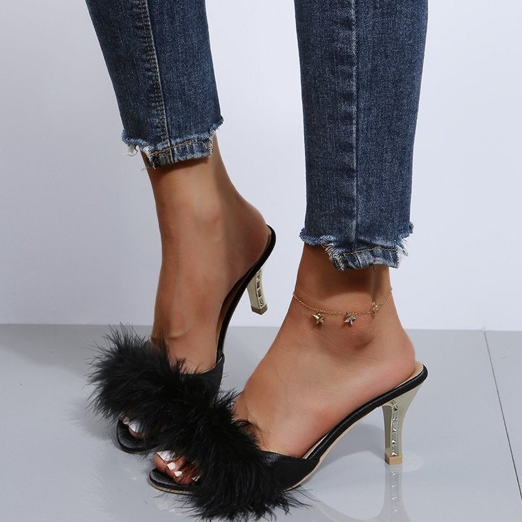 Feather Trim Open Toe Stiletto Slide Mules