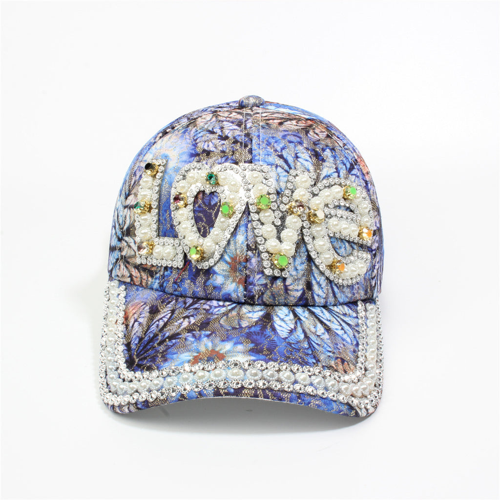 Rhinestone Love Lettering Floral Baseball Cap - Blue