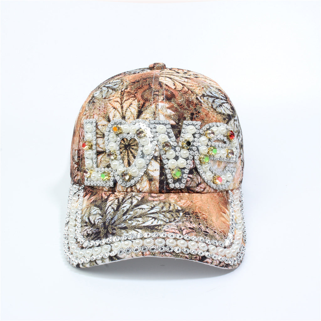 Rhinestone Love Lettering Floral Baseball Cap - Coffee
