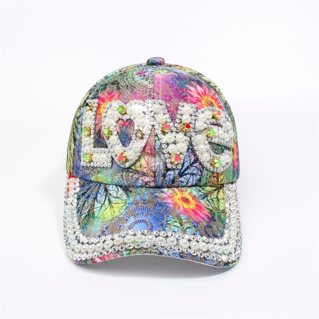 Rhinestone Love Lettering Floral Baseball Cap - Colored
