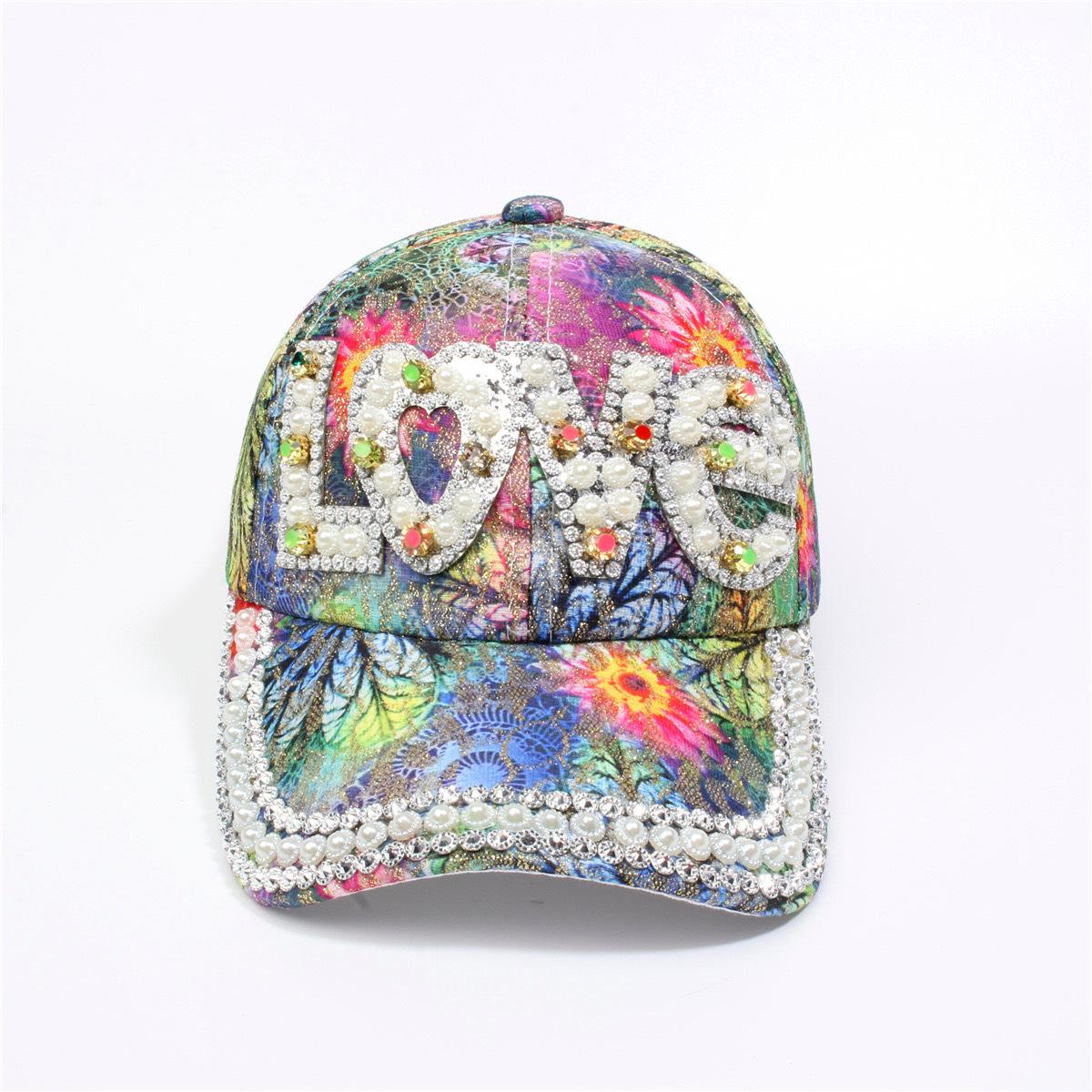 Rhinestone Love Lettering Floral Baseball Cap - Colored