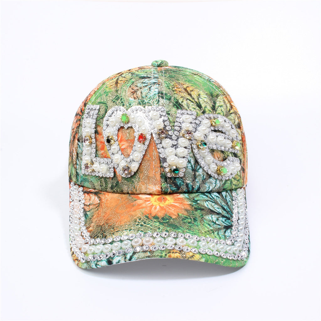Rhinestone Love Lettering Floral Baseball Cap - Green