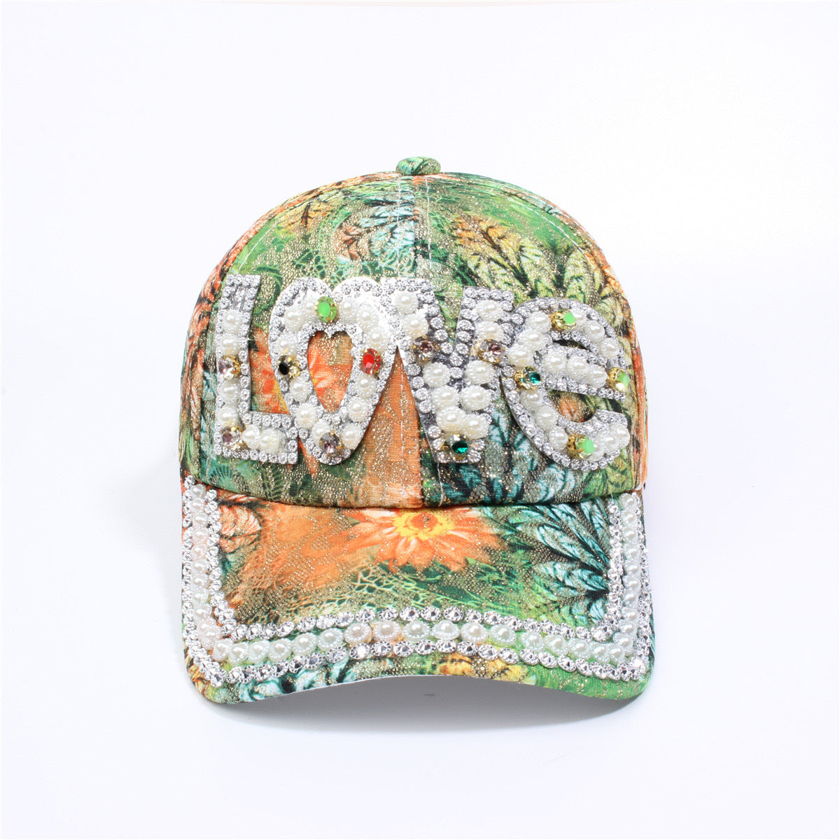Rhinestone Love Lettering Floral Baseball Cap - Green