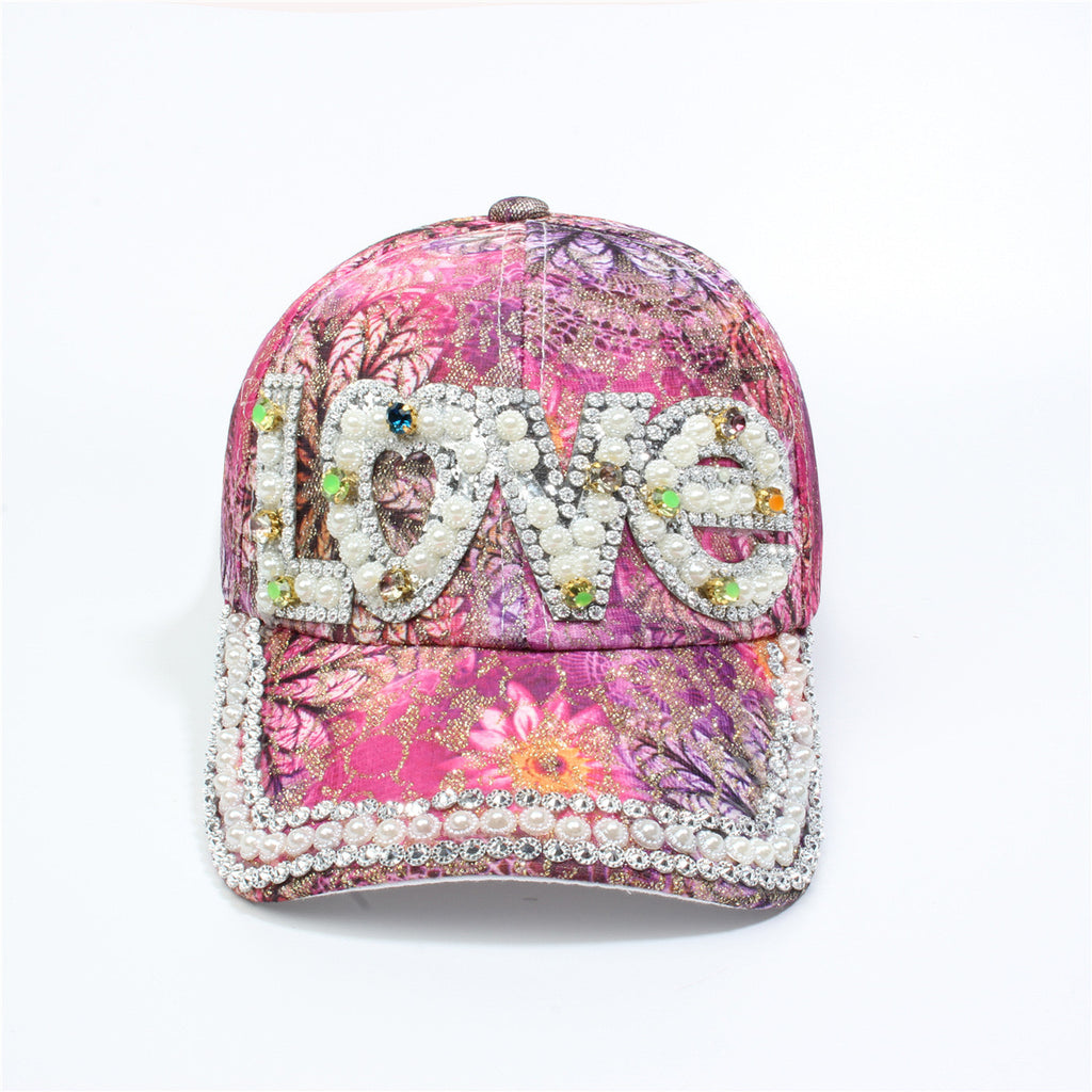 Rhinestone Love Lettering Floral Baseball Cap - Purple