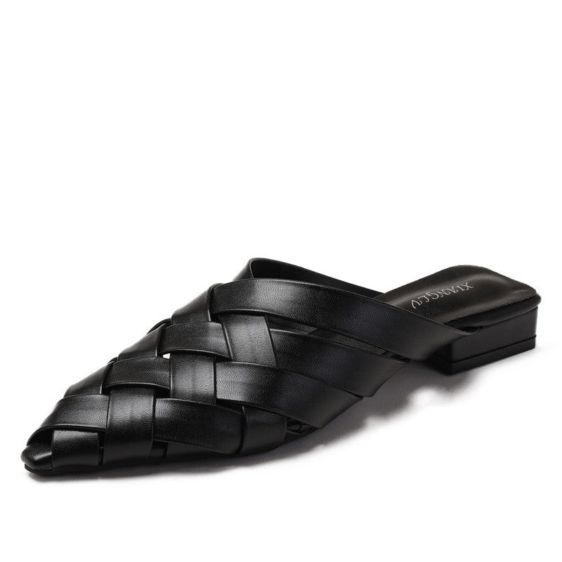 Woven Faux Leather Pointed Toe Flat Mules - Black