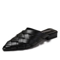 Woven Faux Leather Pointed Toe Flat Mules - Black