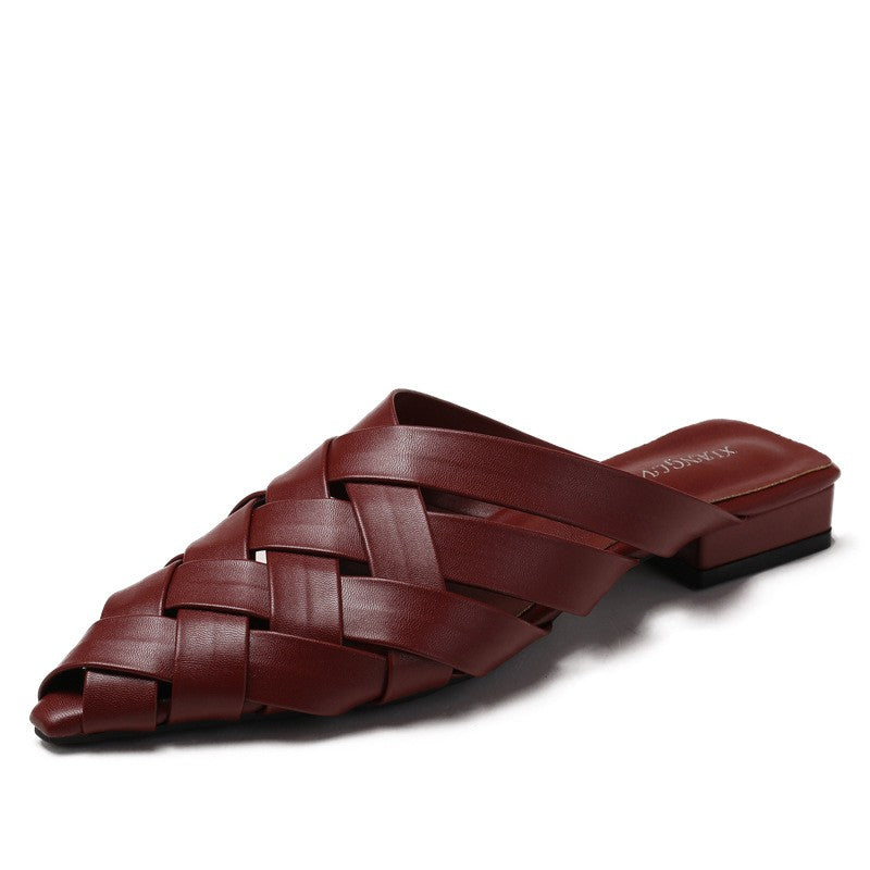 Woven Faux Leather Pointed Toe Flat Mules - Burgundy