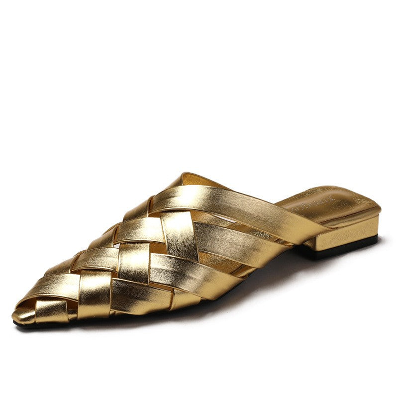 Woven Faux Leather Pointed Toe Flat Mules - Gold