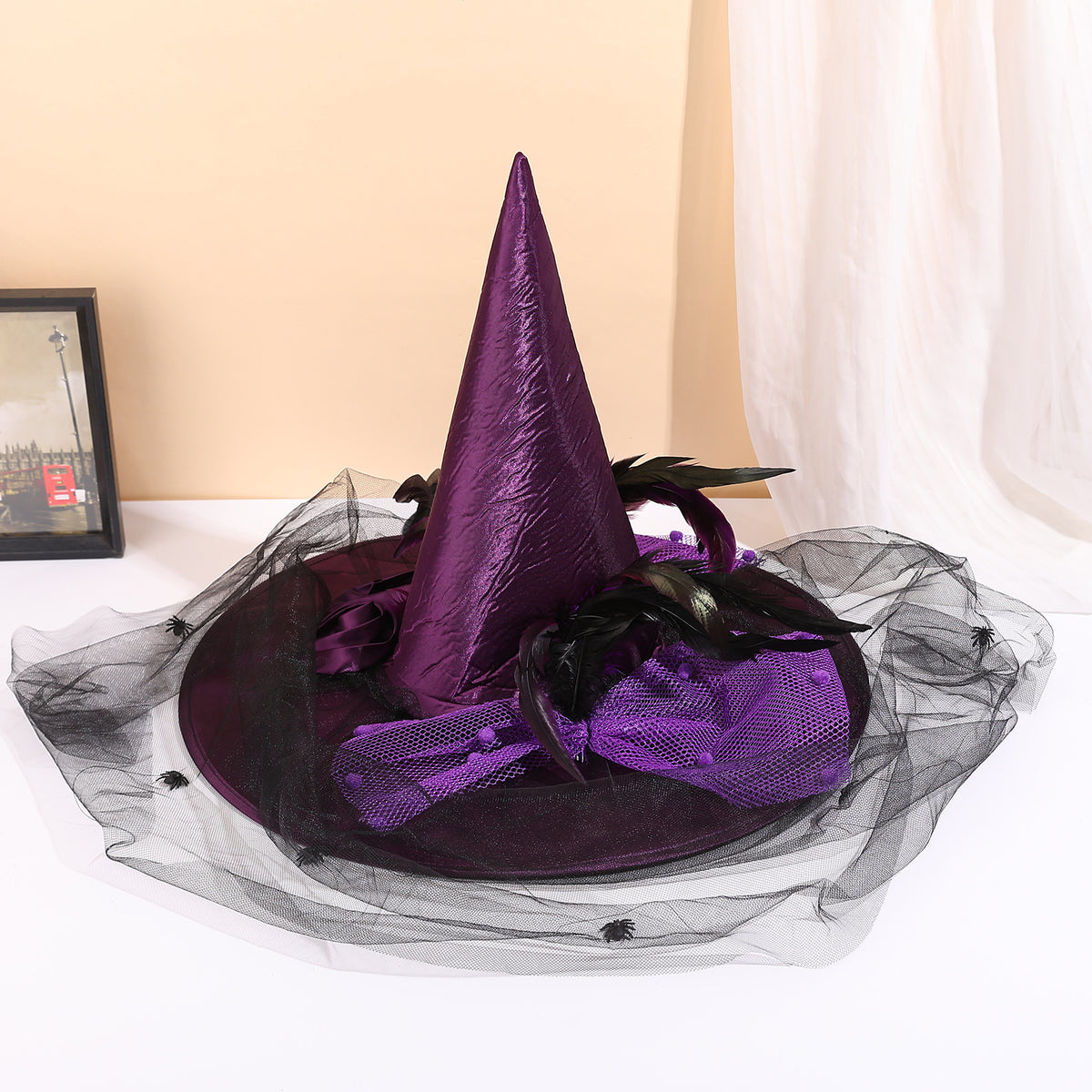 Draped Veil Witch Hat With Feather Trim - Purple