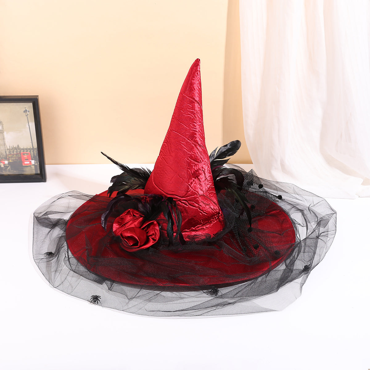 Draped Veil Witch Hat With Feather Trim - Red