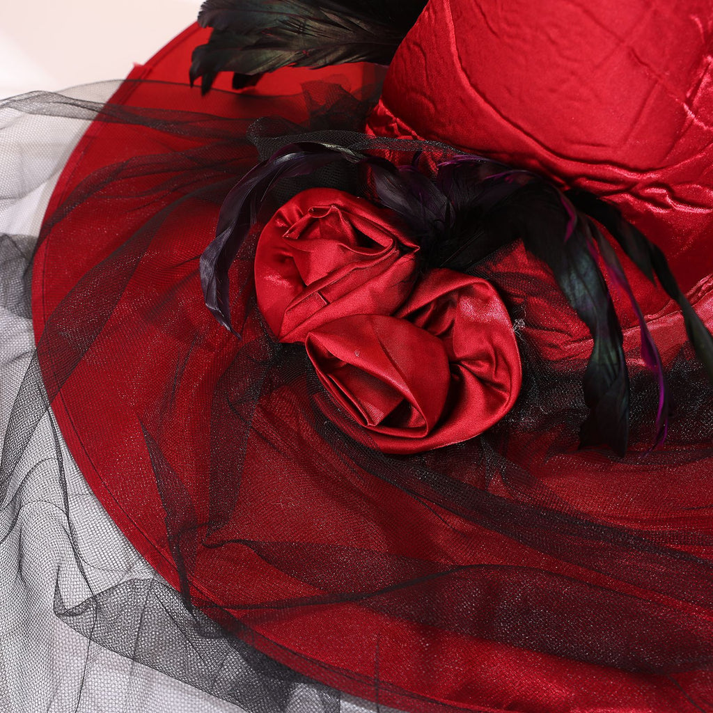Draped Veil Witch Hat With Feather Trim - Red - 2