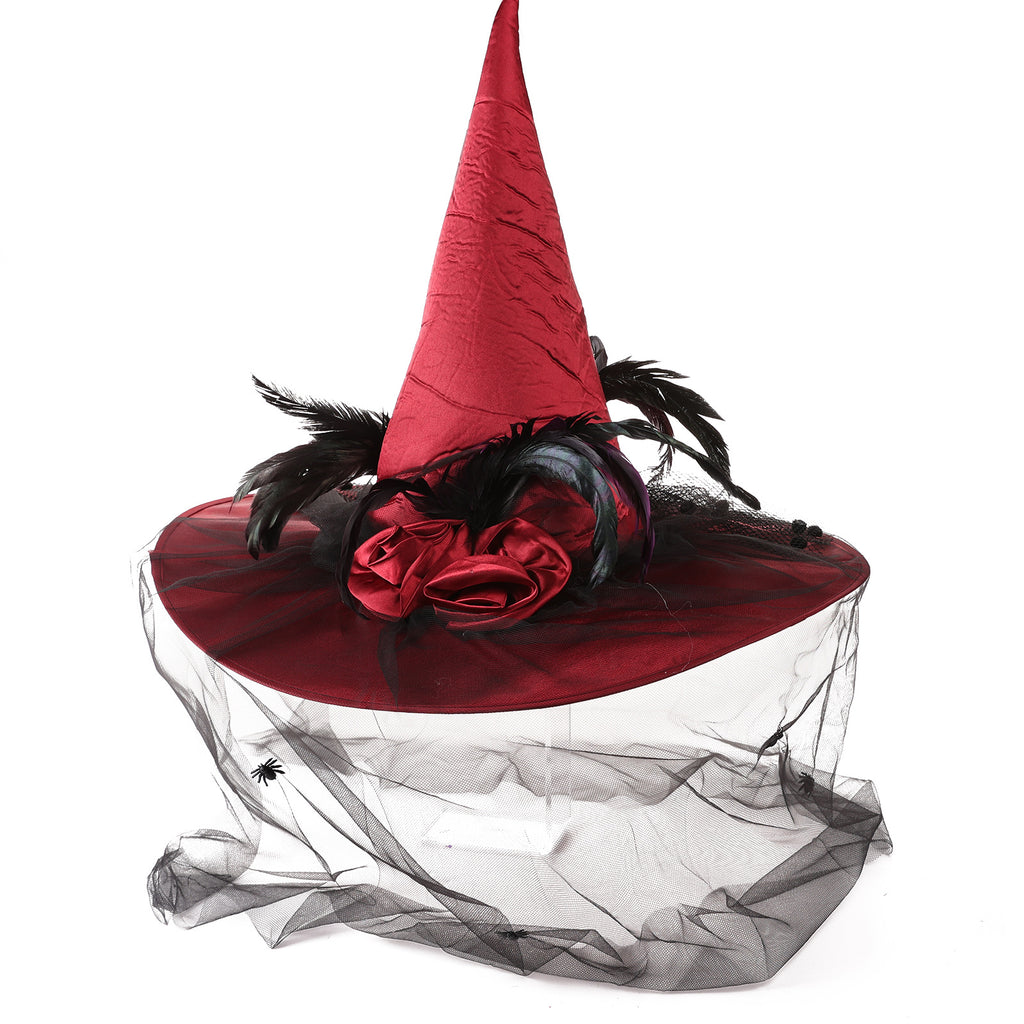 Draped Veil Witch Hat With Feather Trim - Red - 3