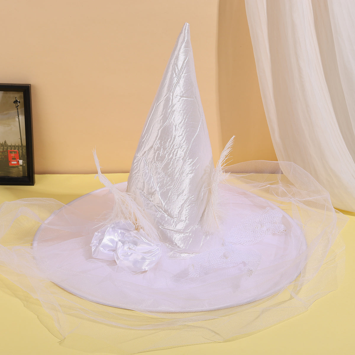 Draped Veil Witch Hat With Feather Trim - White