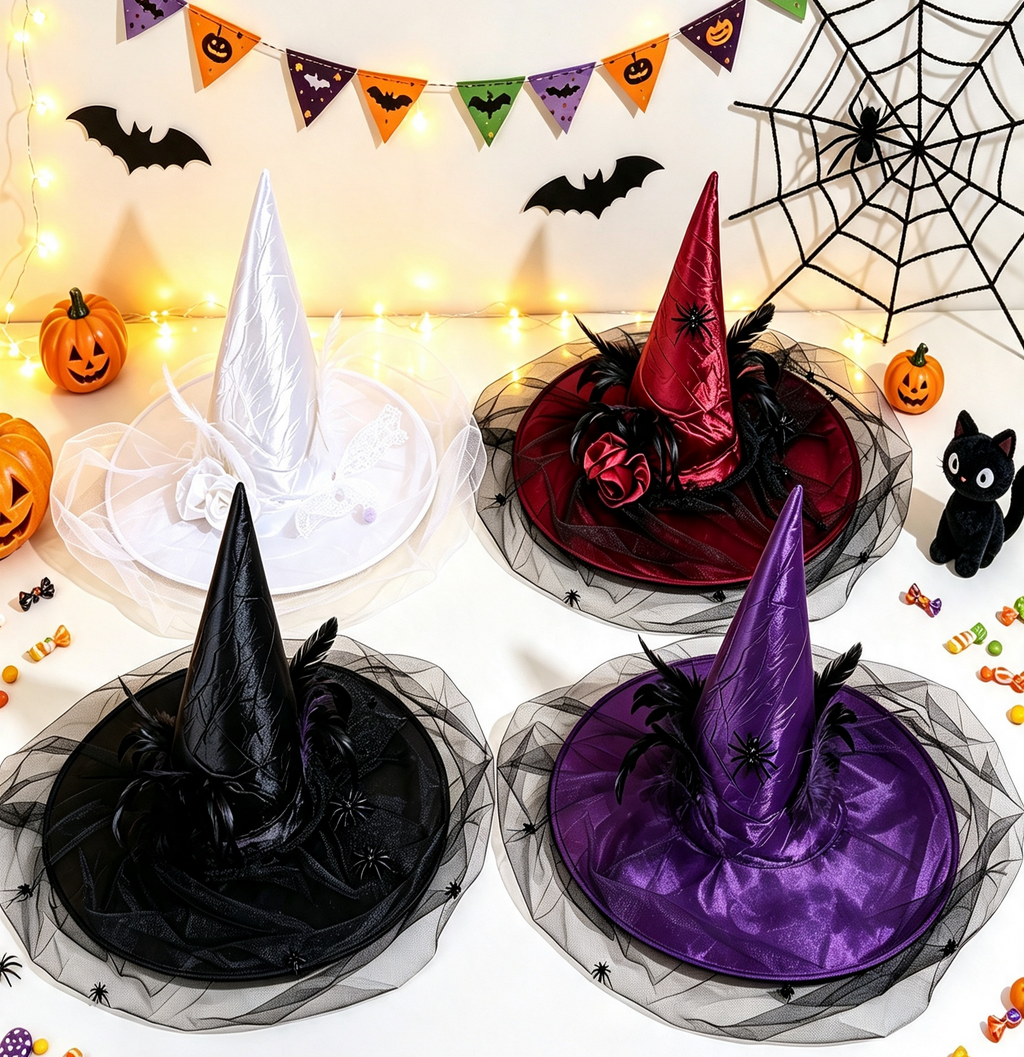 Draped Veil Witch Hat With Feather Trim - view 1