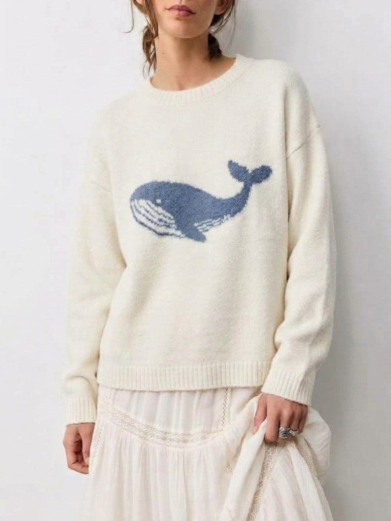 Beige Whale Intarsia Drop Shoulder Knit Sweater - Beige