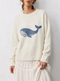 Beige Whale Intarsia Drop Shoulder Knit Sweater - Beige