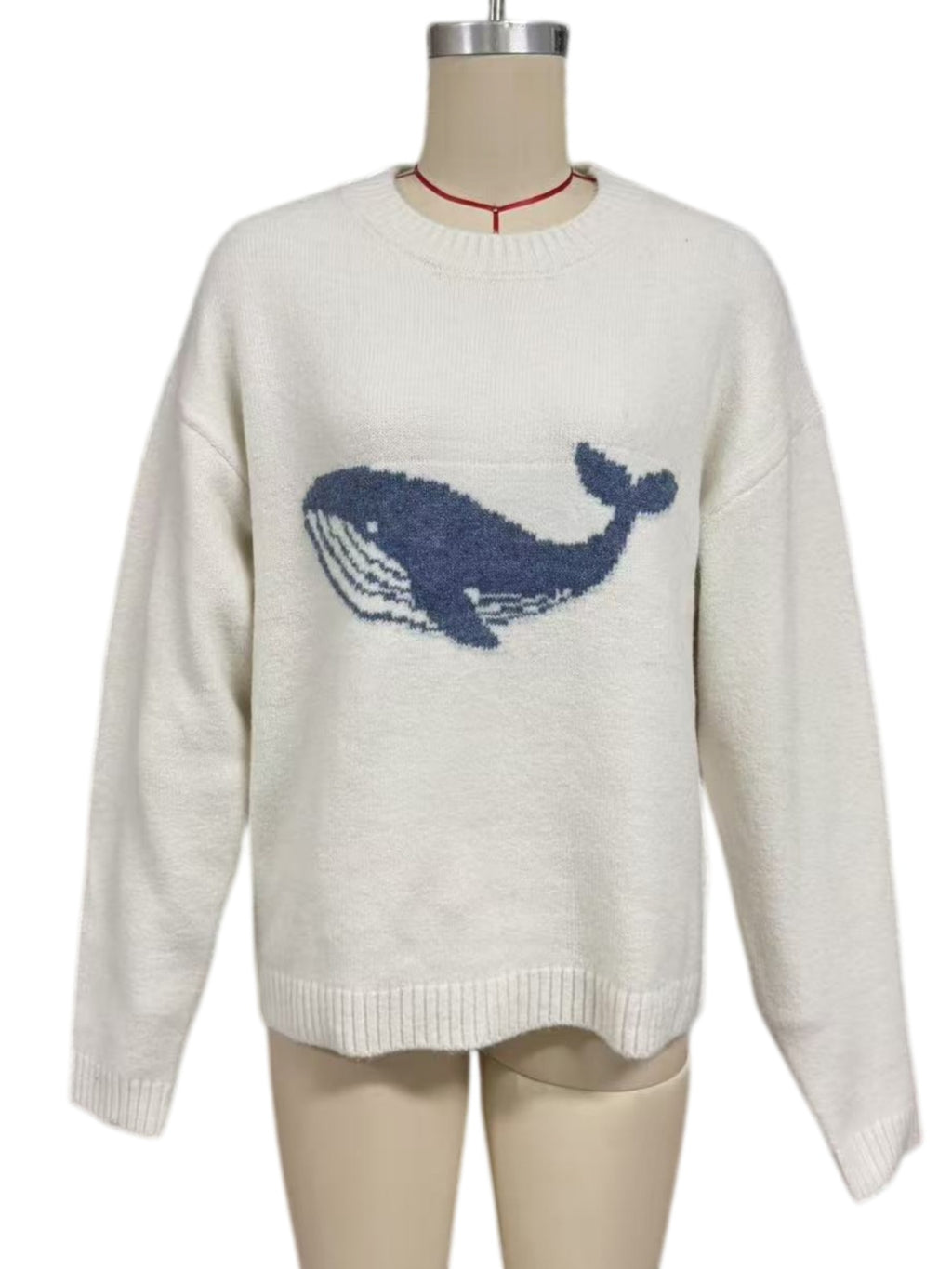 Beige Whale Intarsia Drop Shoulder Knit Sweater - Beige - 1