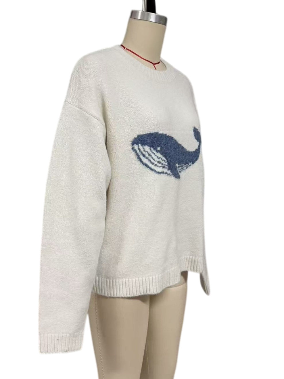 Beige Whale Intarsia Drop Shoulder Knit Sweater - Beige - 2
