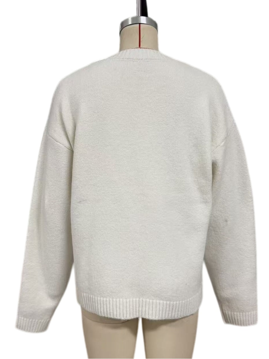 Beige Whale Intarsia Drop Shoulder Knit Sweater - Beige - 3