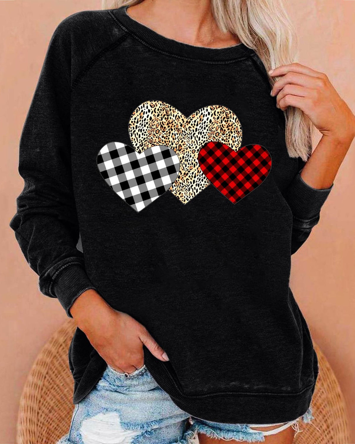 Leopard Plaid Heart Graphic Raglan Sweatshirt - C1 - 2