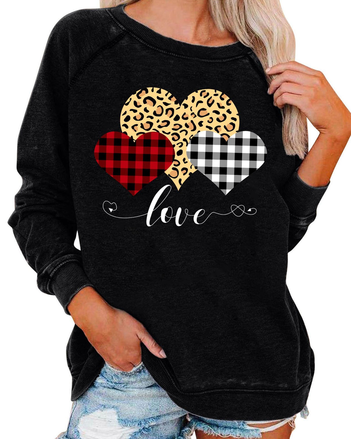 Leopard Plaid Heart Graphic Raglan Sweatshirt - C10
