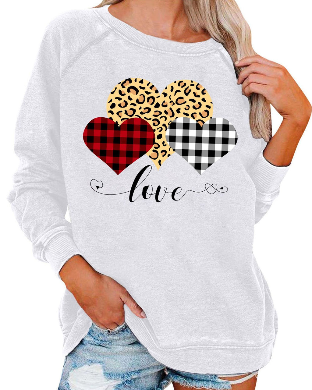 Leopard Plaid Heart Graphic Raglan Sweatshirt - C12