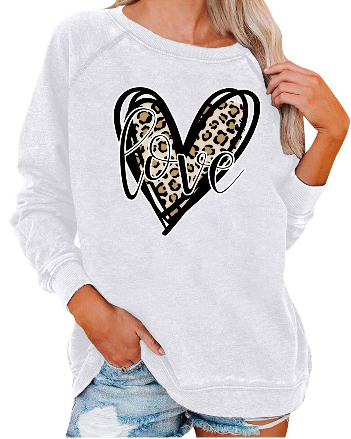 Leopard Plaid Heart Graphic Raglan Sweatshirt - C15