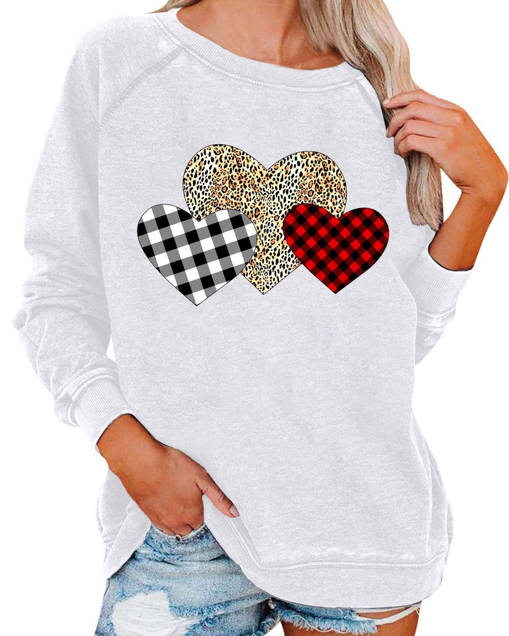 Leopard Plaid Heart Graphic Raglan Sweatshirt - C3