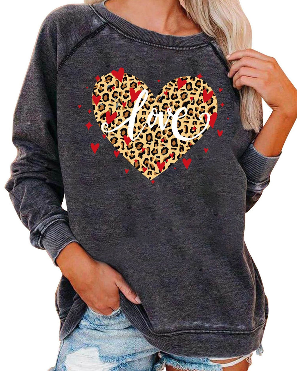 Leopard Plaid Heart Graphic Raglan Sweatshirt - C5