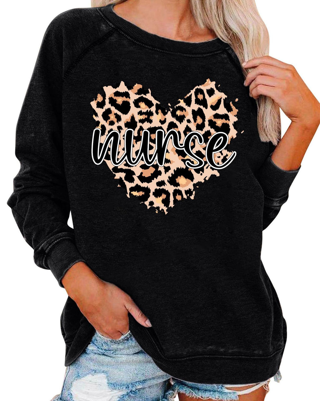 Leopard Plaid Heart Graphic Raglan Sweatshirt - C7