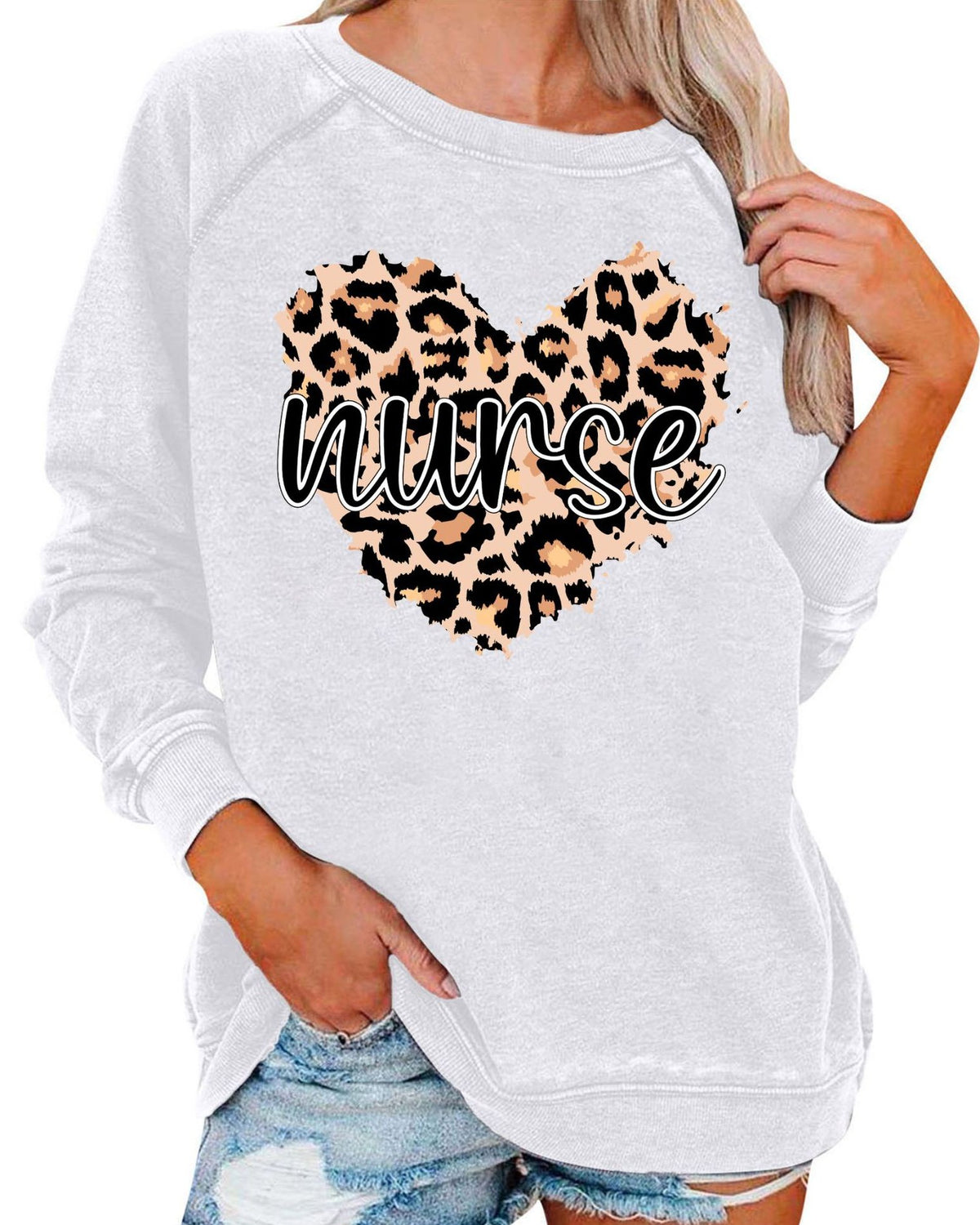 Leopard Plaid Heart Graphic Raglan Sweatshirt - C8