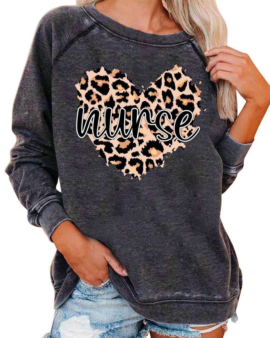 Leopard Plaid Heart Graphic Raglan Sweatshirt - C9