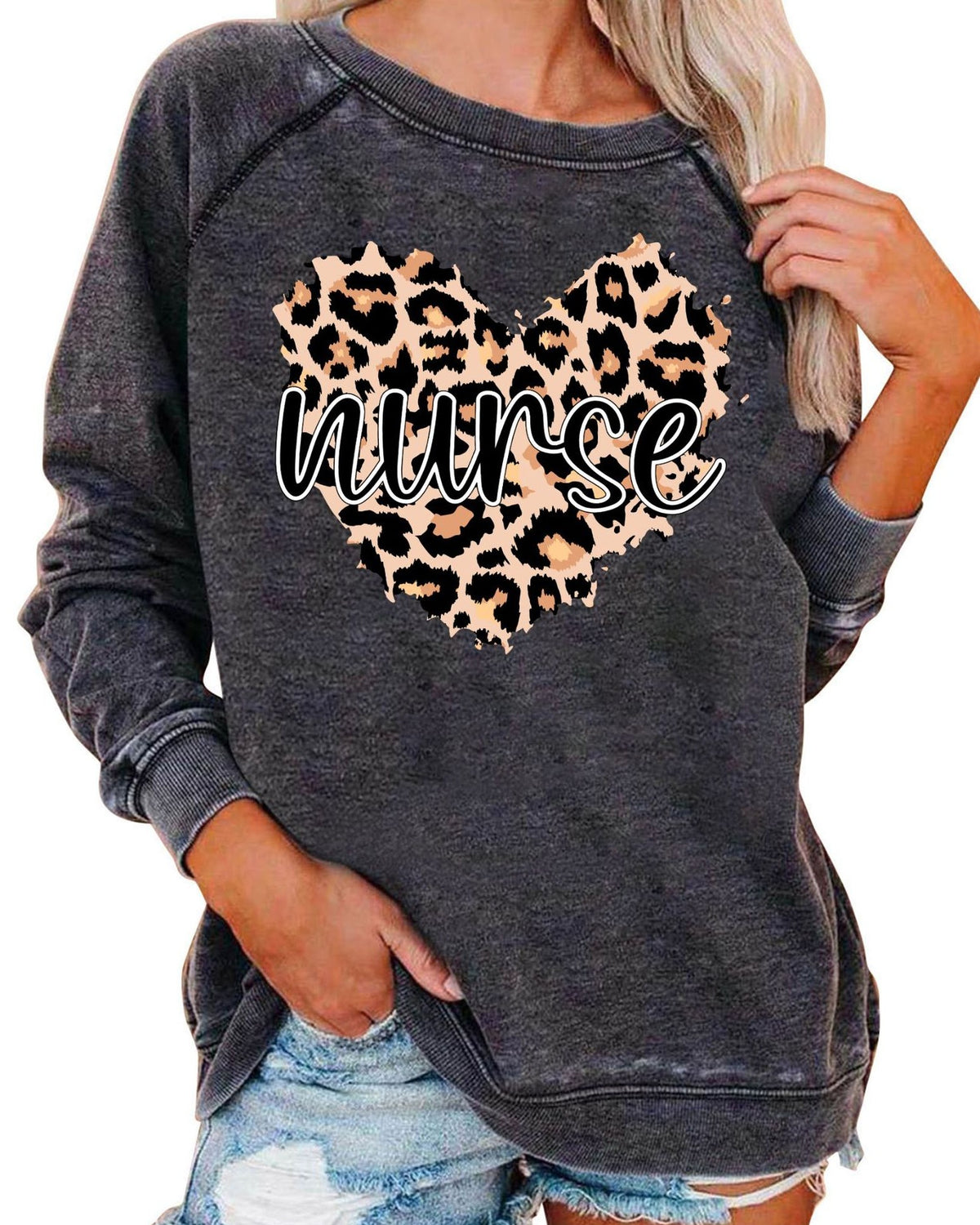 Leopard Plaid Heart Graphic Raglan Sweatshirt - C9