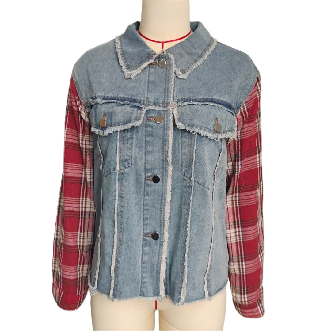 Plaid Sleeve Patchwork Frayed Denim Jacket - Blue