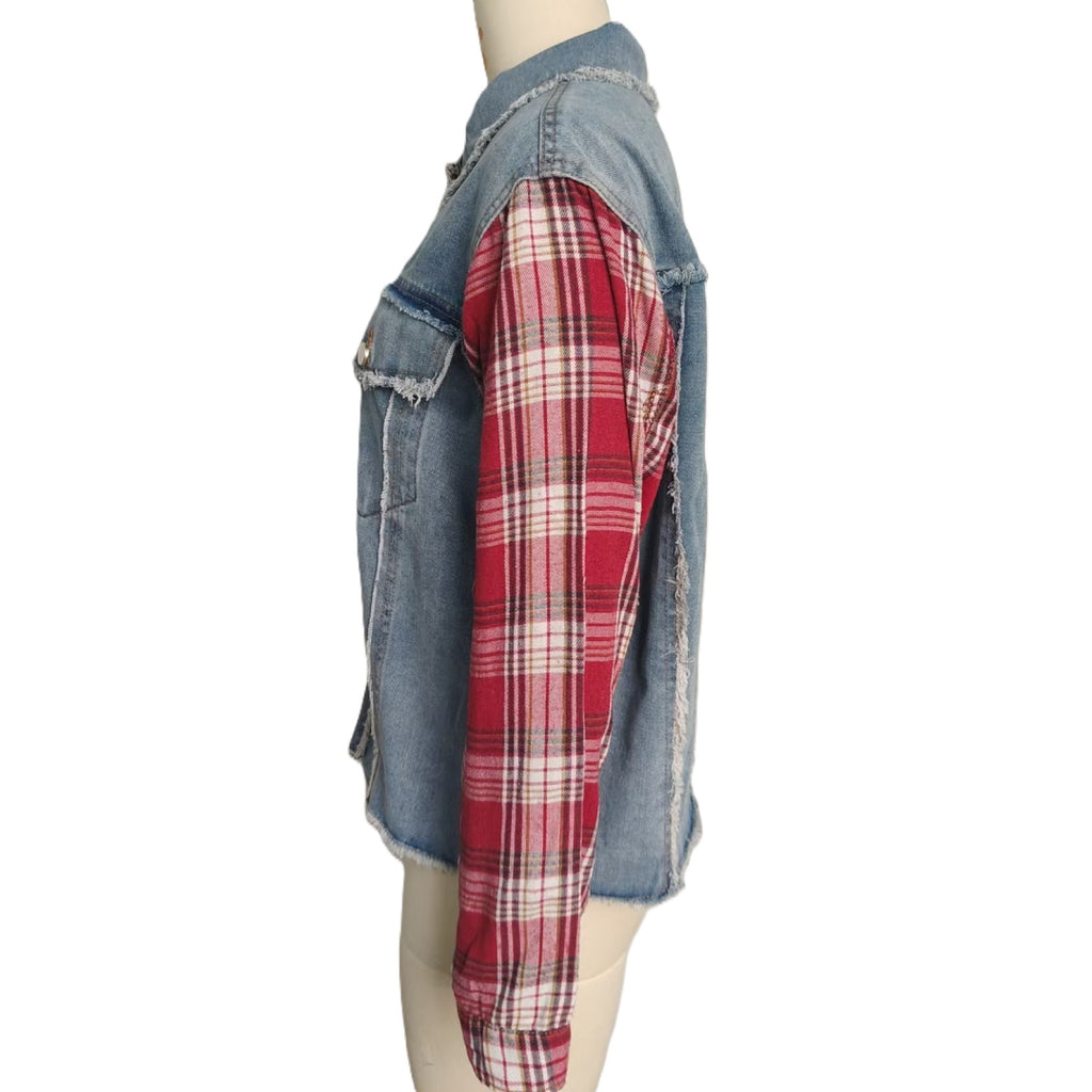Plaid Sleeve Patchwork Frayed Denim Jacket - Blue - 1