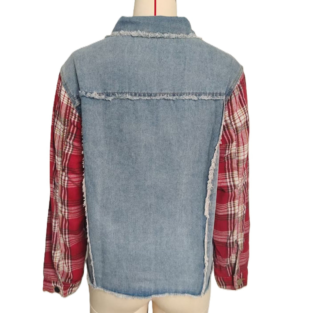 Plaid Sleeve Patchwork Frayed Denim Jacket - Blue - 2