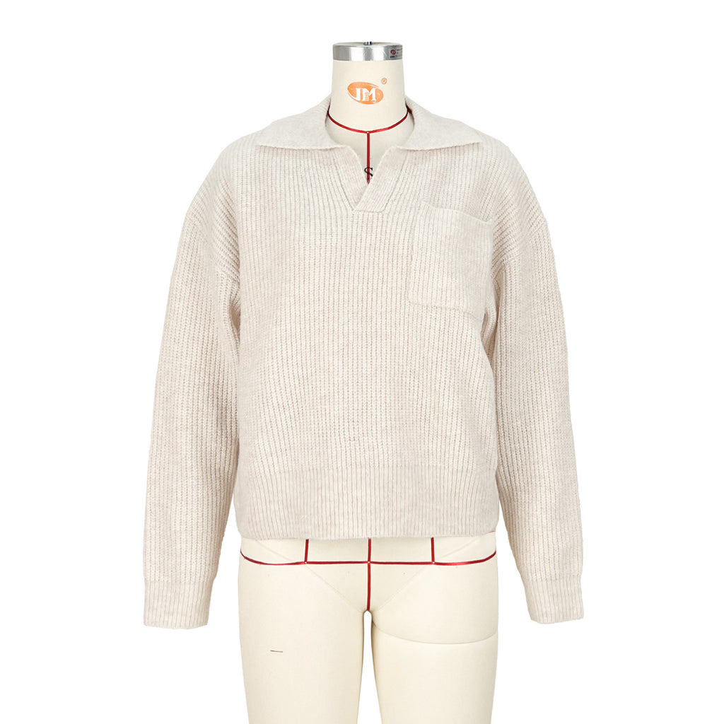 Oversized Collared Knit Polo Sweater - Beige - 3