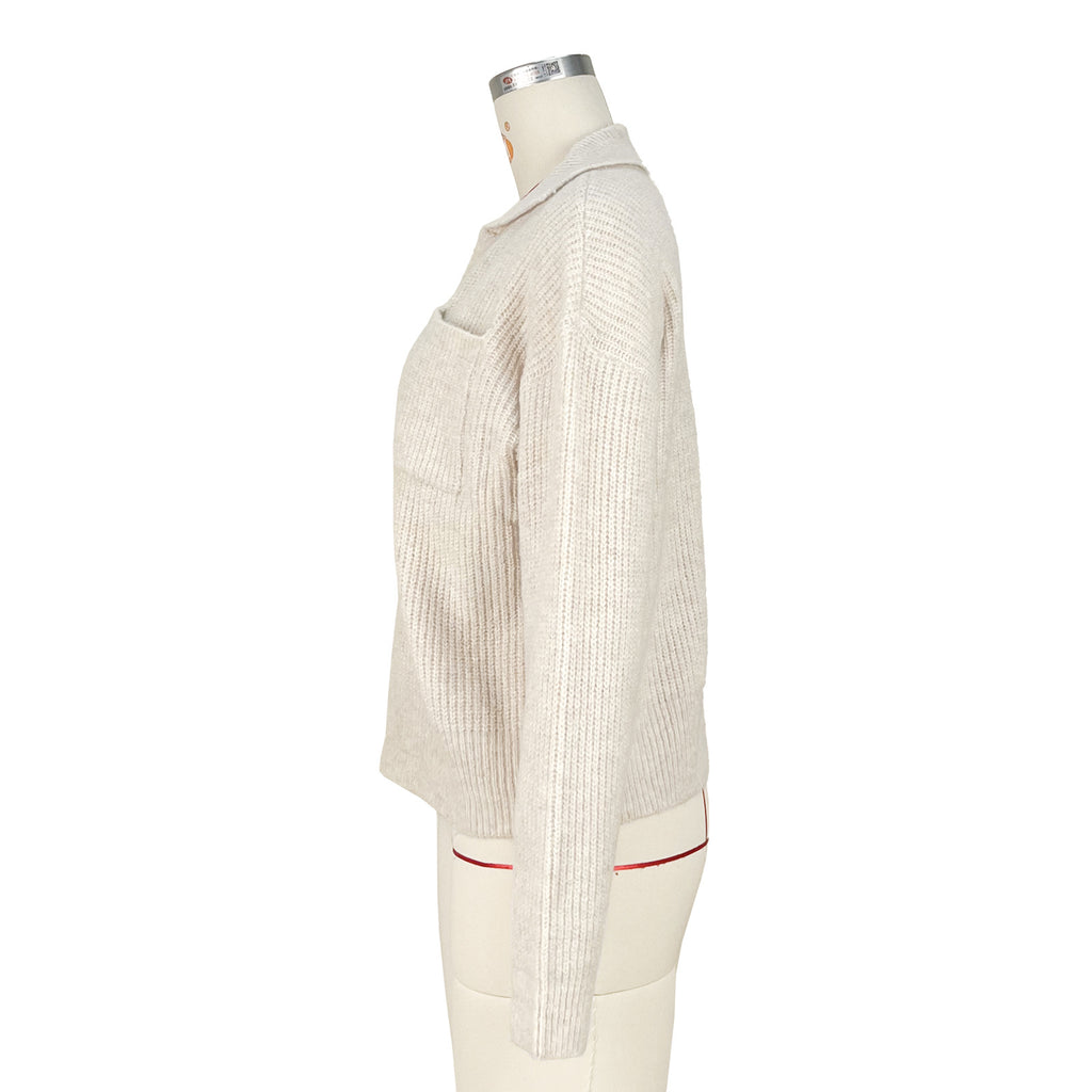 Oversized Collared Knit Polo Sweater - Beige - 4