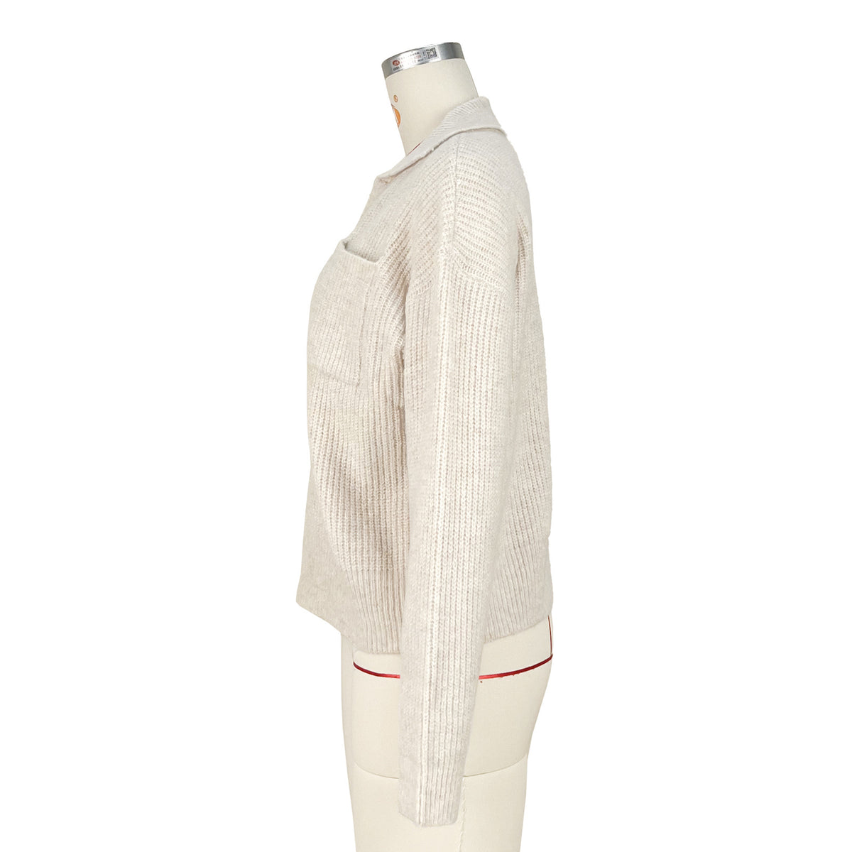 Oversized Collared Knit Polo Sweater - Beige - 4