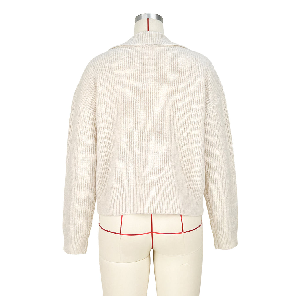 Oversized Collared Knit Polo Sweater - Beige - 5