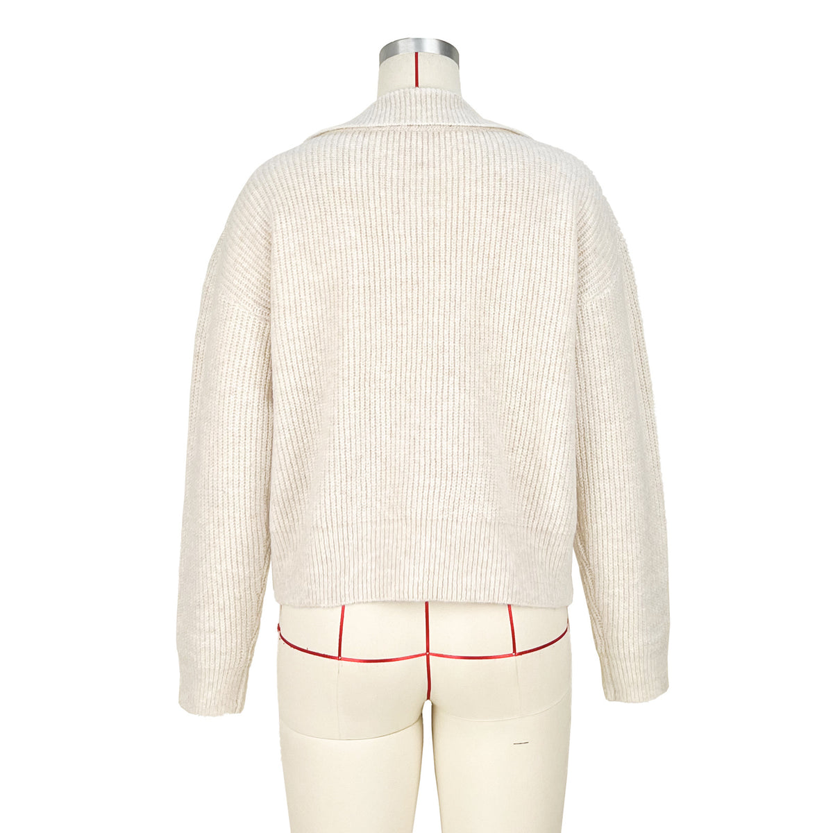 Oversized Collared Knit Polo Sweater - Beige - 5