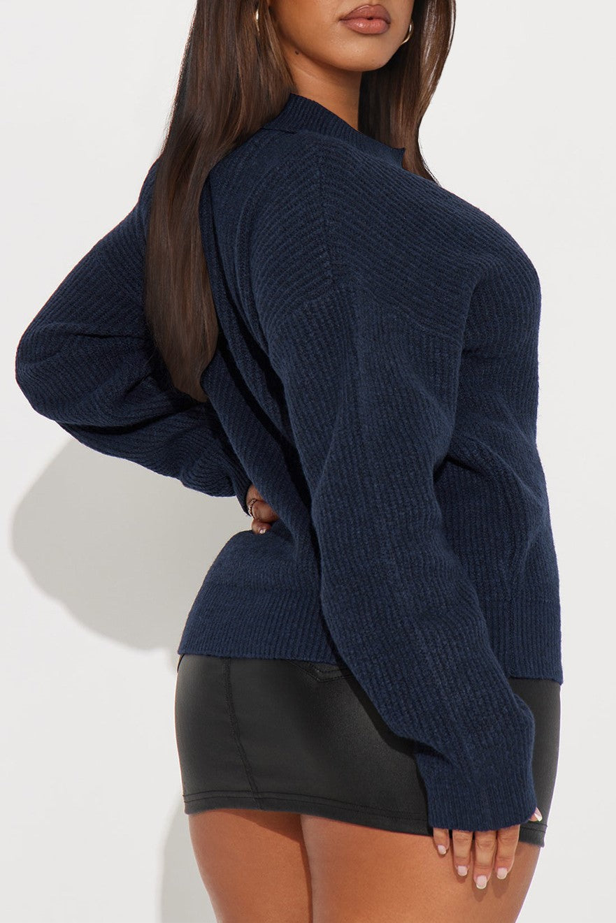 Oversized Collared Knit Polo Sweater - DarkBlue - 1