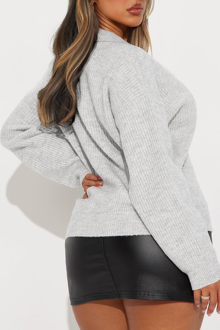 Oversized Collared Knit Polo Sweater - Grey - 1