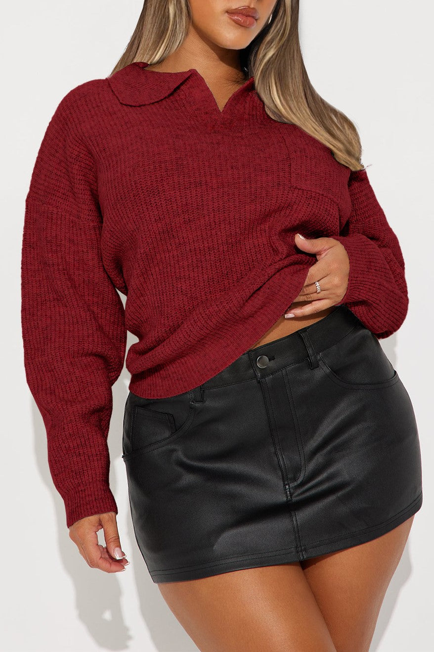 Oversized Collared Knit Polo Sweater - Red