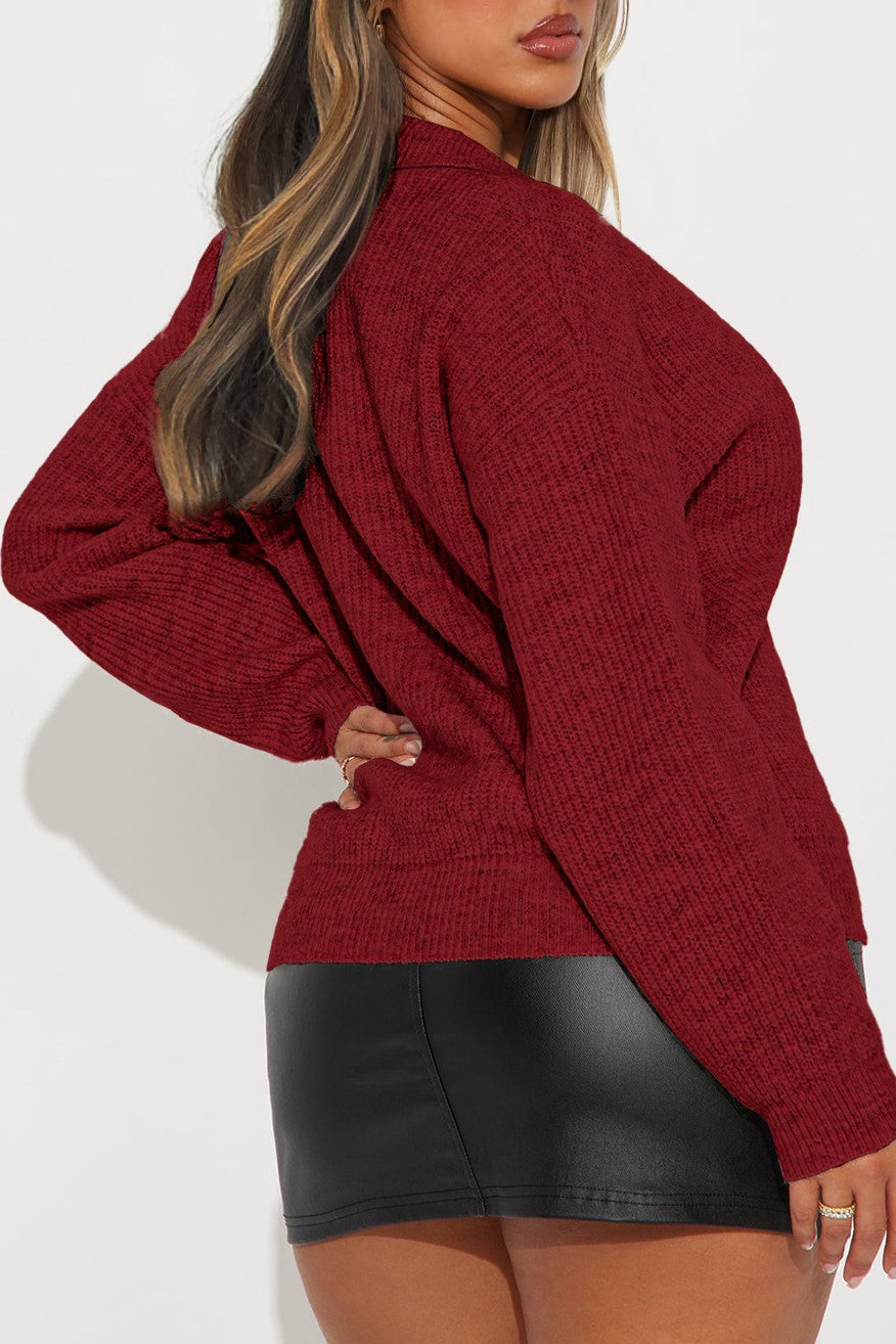 Oversized Collared Knit Polo Sweater - Red - 1