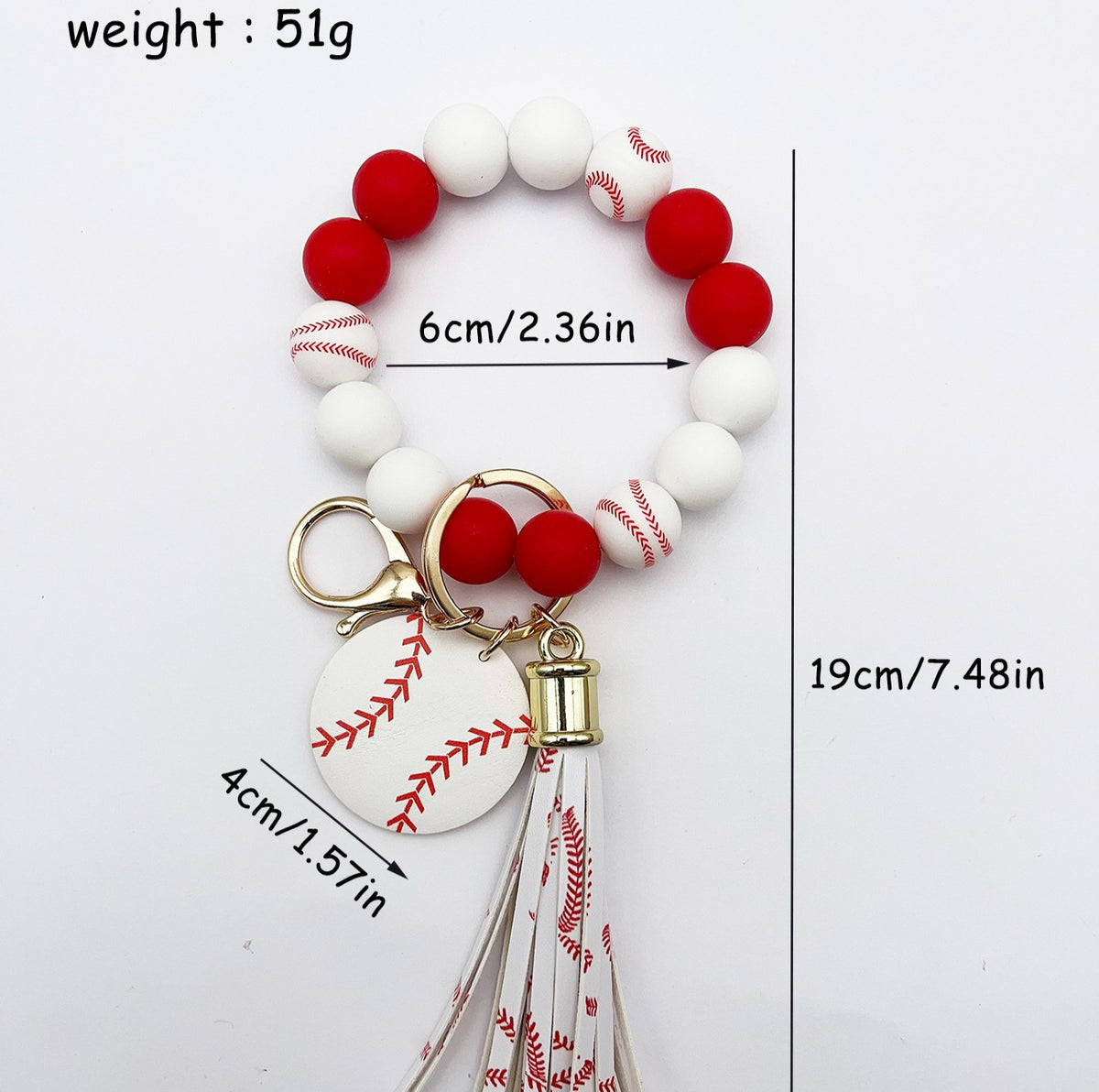 Silicone Bead Wristlet Keychain With Sports Charms - White
