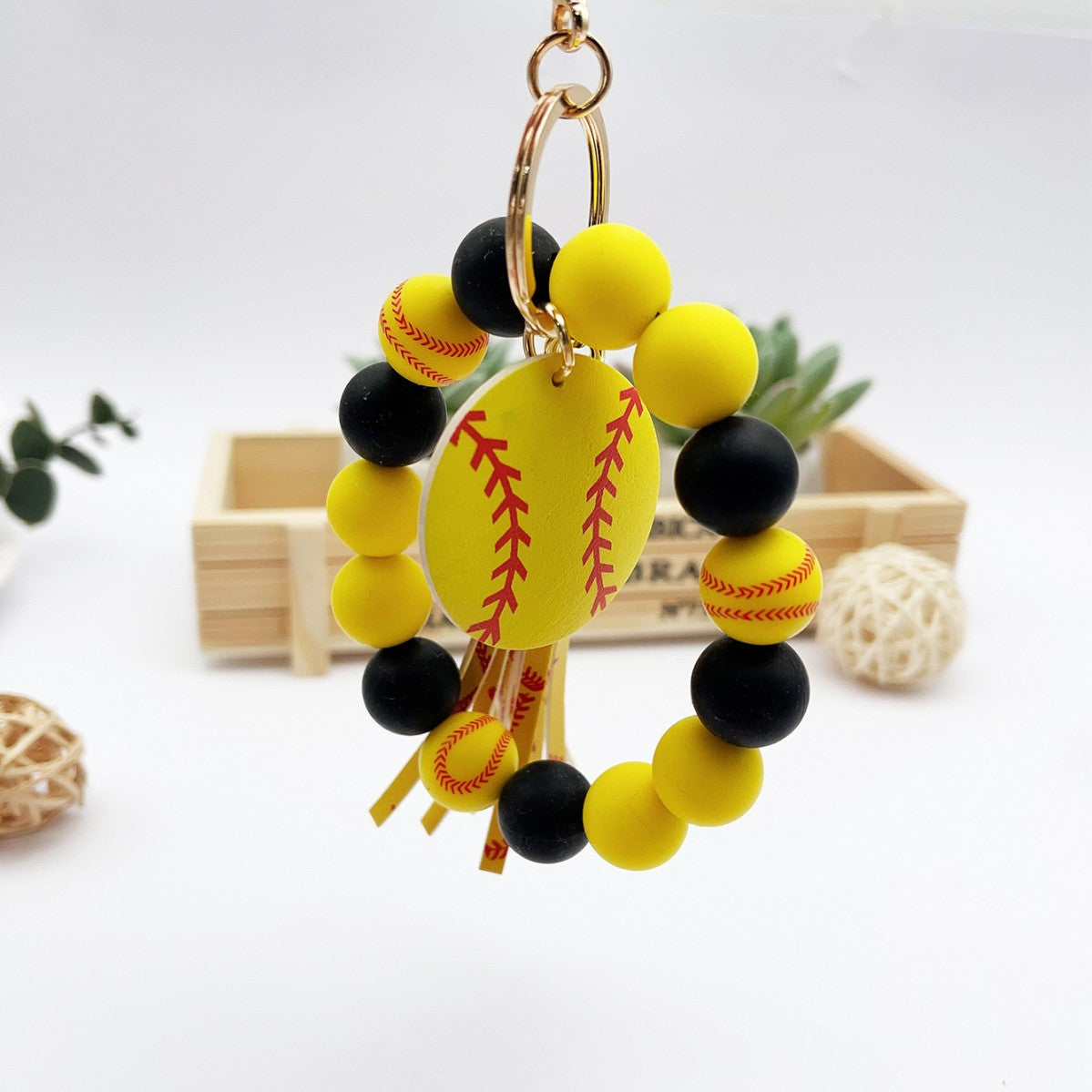 Silicone Bead Wristlet Keychain With Sports Charms - Yellow