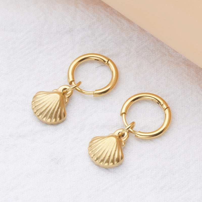 Seashell Starfish Charm Huggie Hoop Earrings - Shell