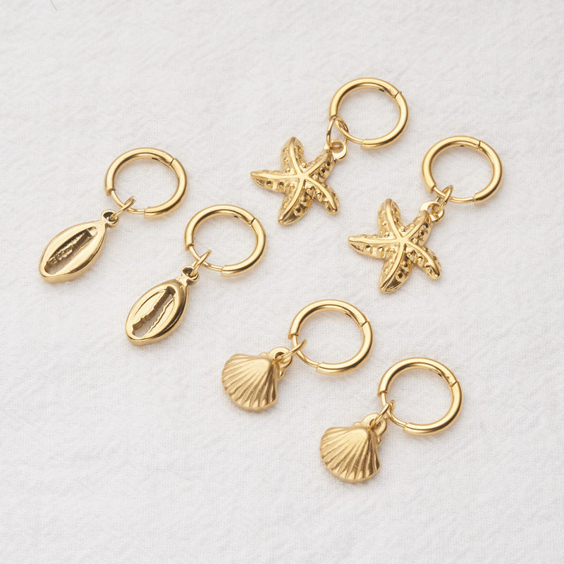 Seashell Starfish Charm Huggie Hoop Earrings